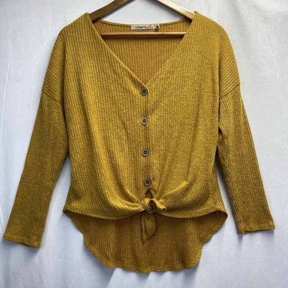 Liberty Love V-Neck Front Tie Hi-Lo Hem Knit Long Sleeve Top Women Medium Yellow - Picture 1 of 16